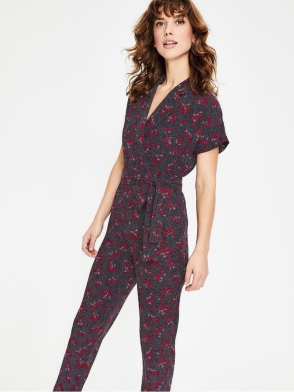 Boden Charcoal Jumpsuit with Red Floral Motif